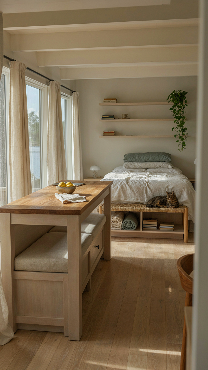 Small lakehouse interior with a kitchen island, storage bench, and floating shelves.