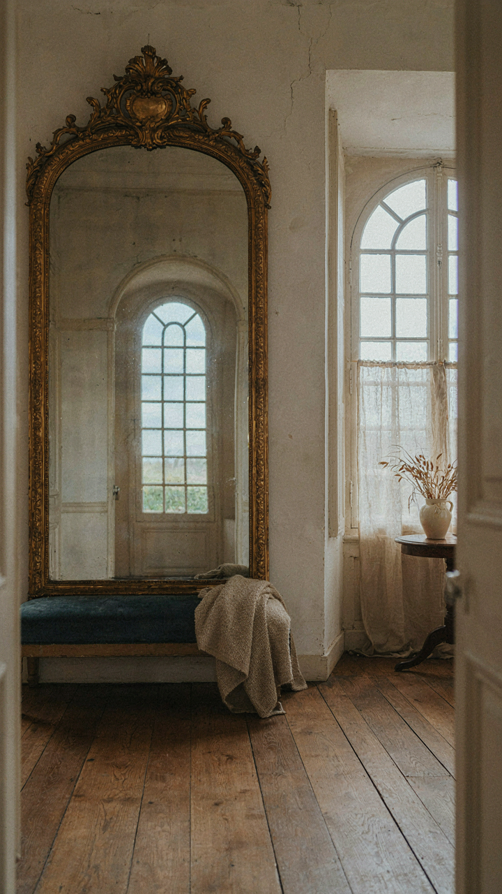 A large ornate mirror reflecting a window in a small French country living room.