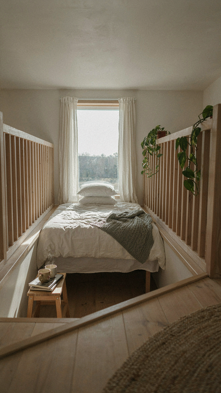 An open and bright sleeping loft in a scandinavian tiny house with wooden railings.