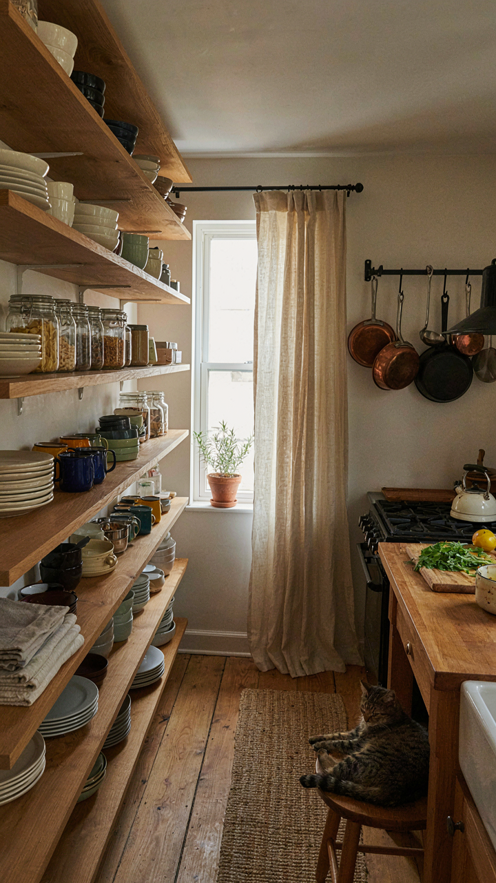 A small cabin kitchen uses vertical open shelving and pot racks for efficient storage.