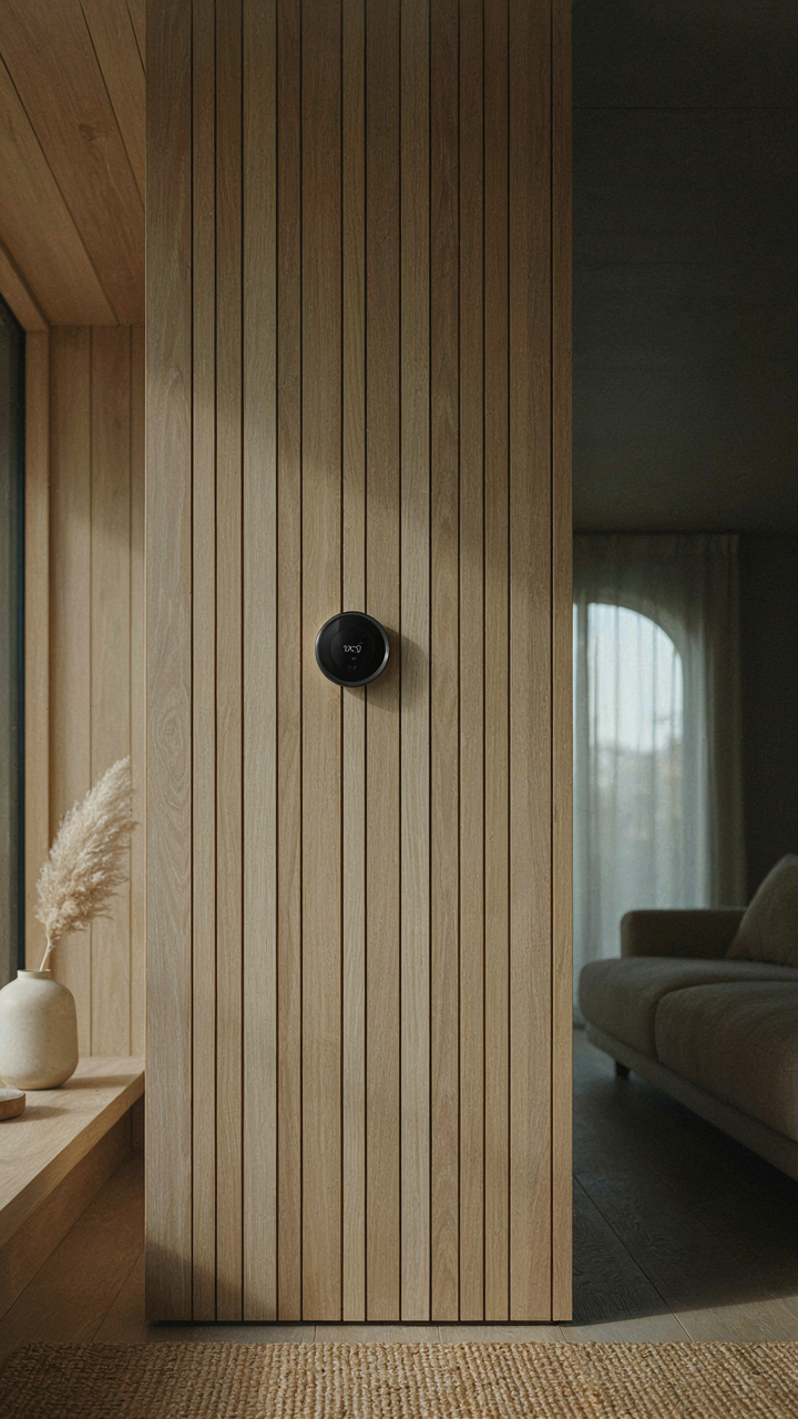 A modern cabin interior with a single visible smart thermostat and hidden tech.