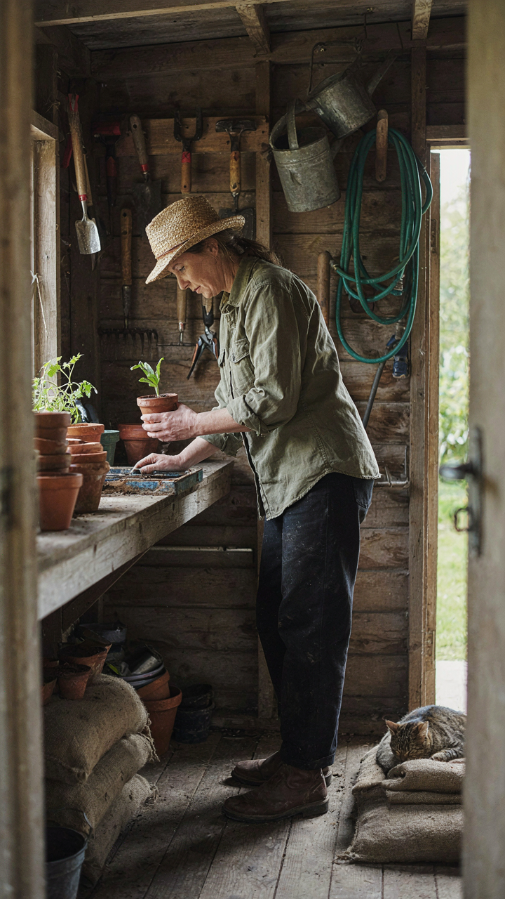 A gardener stands next to a fold-down bench in a small potting shed.