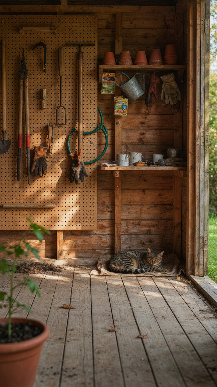 A small garden shed interior uses wall-mounted systems for tool storage.