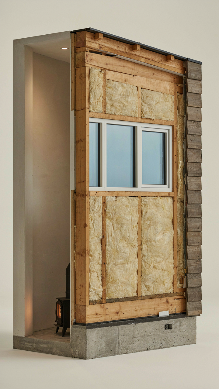 A cutaway view of a Scandinavian house wall shows thick insulation.