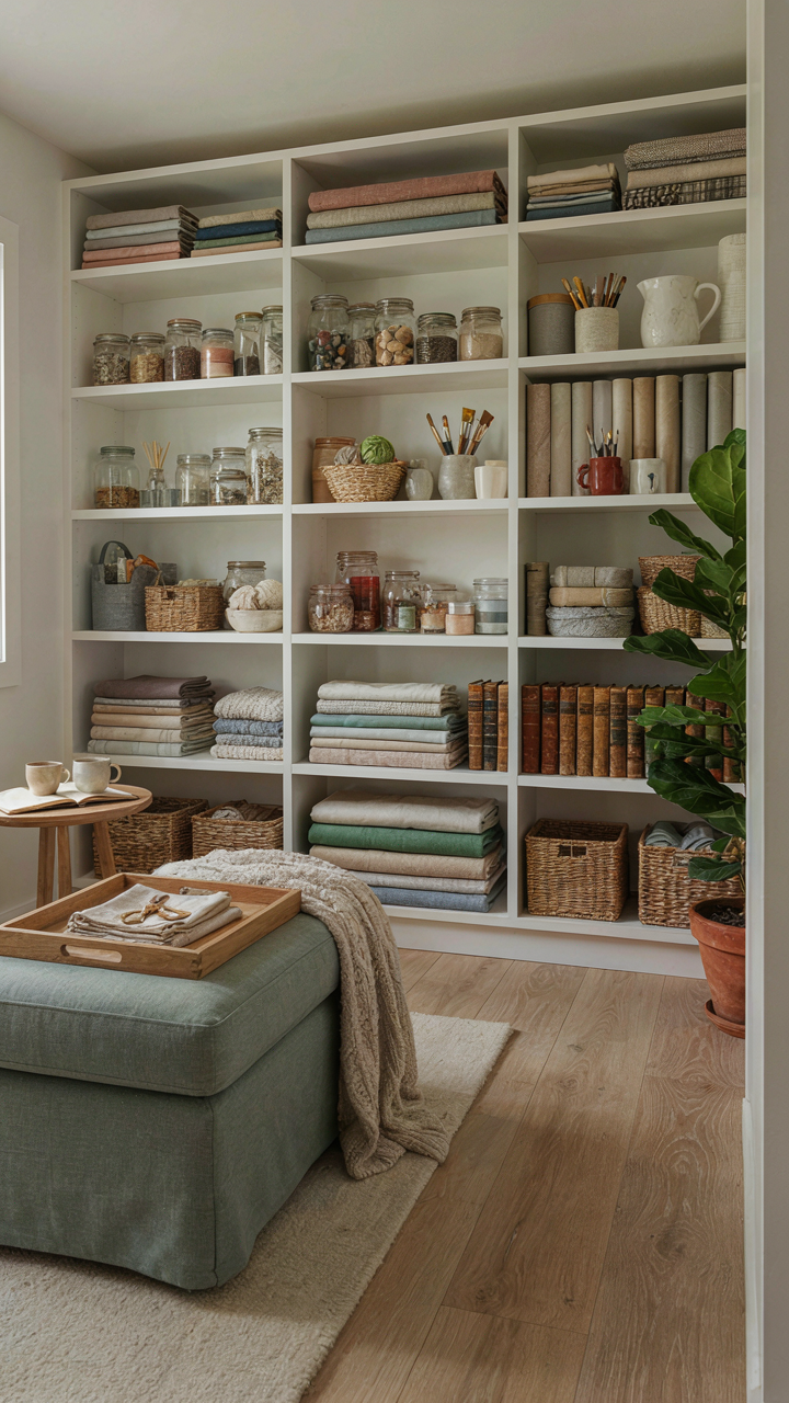 Floor-to-ceiling shelves in a small she shed, with an ottoman.