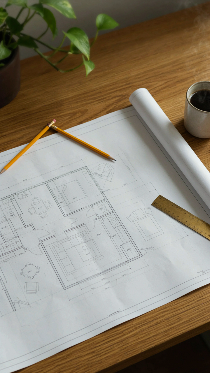 A detailed blueprint shows an optimized layout for a small she shed space.