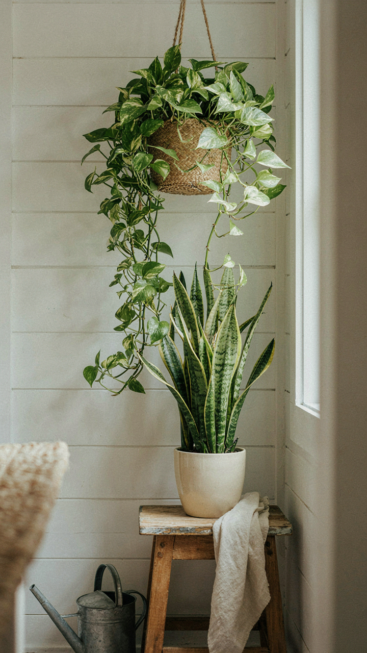 A pothos plant in a hanging planter and a snake plant on a table.
