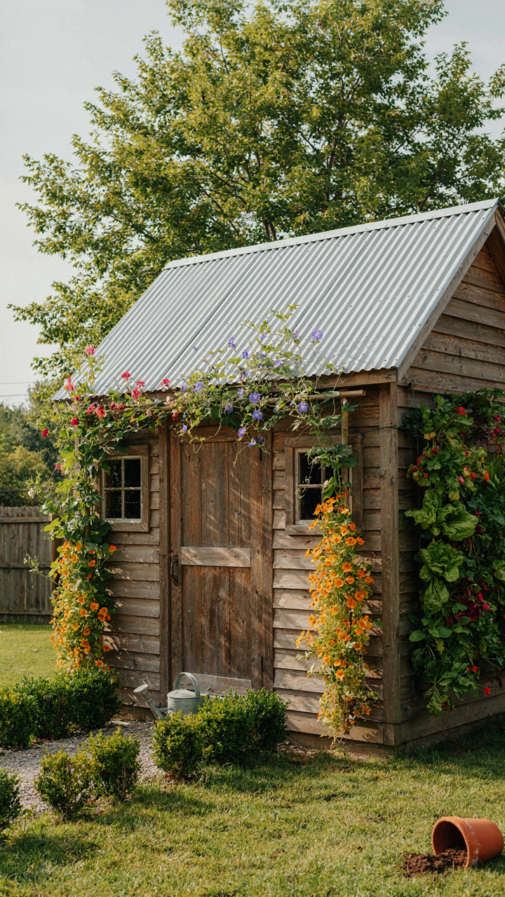 A small garden shed with a steep metal roof and plants growing on trellises.