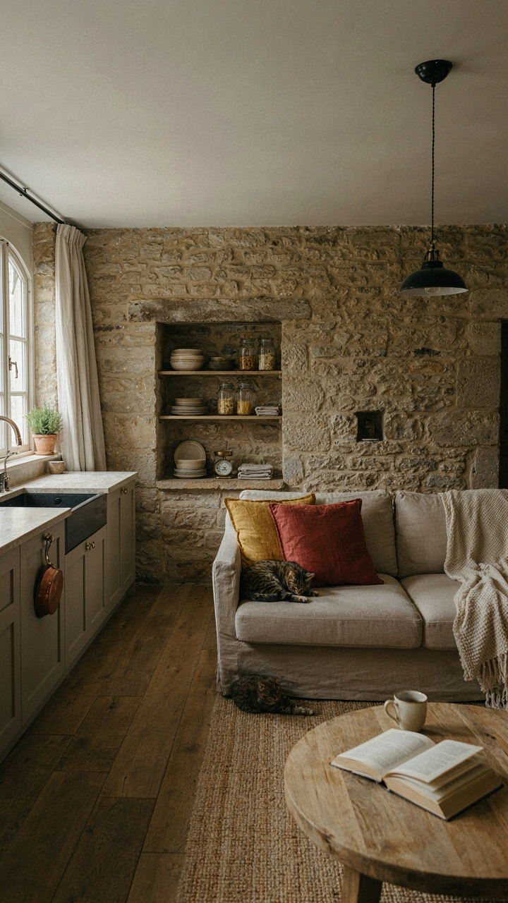 An open kitchen and living area in a small stone cottage, with built-in shelves.