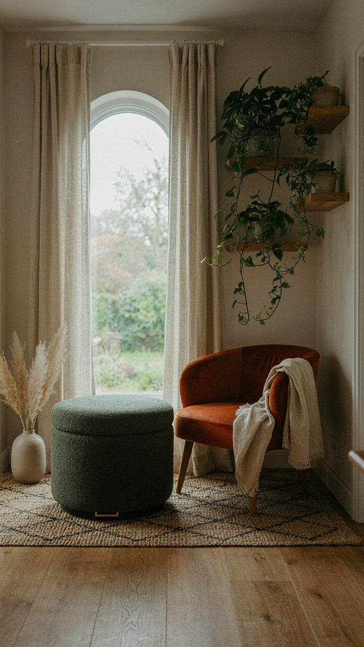 A small sunroom with an ottoman, a chair, and plants on wall shelves.