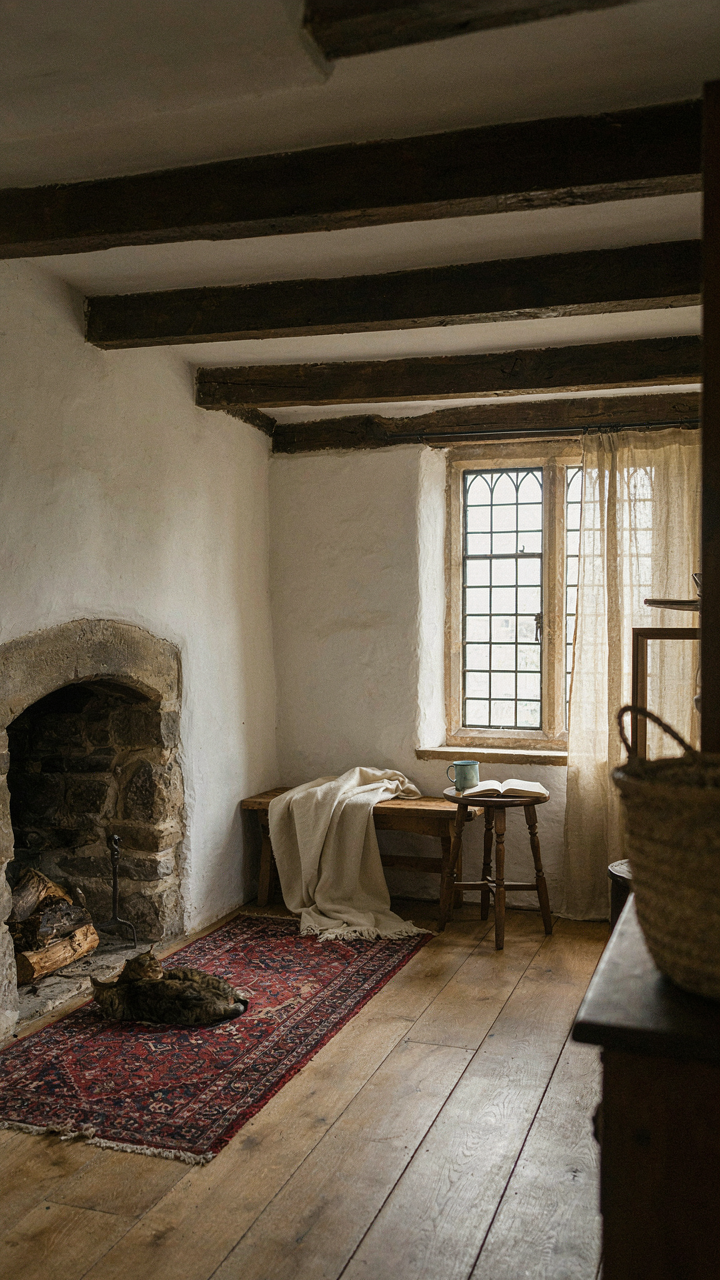 Exposed timber beams divide a cozy room in a Tudor cottage.