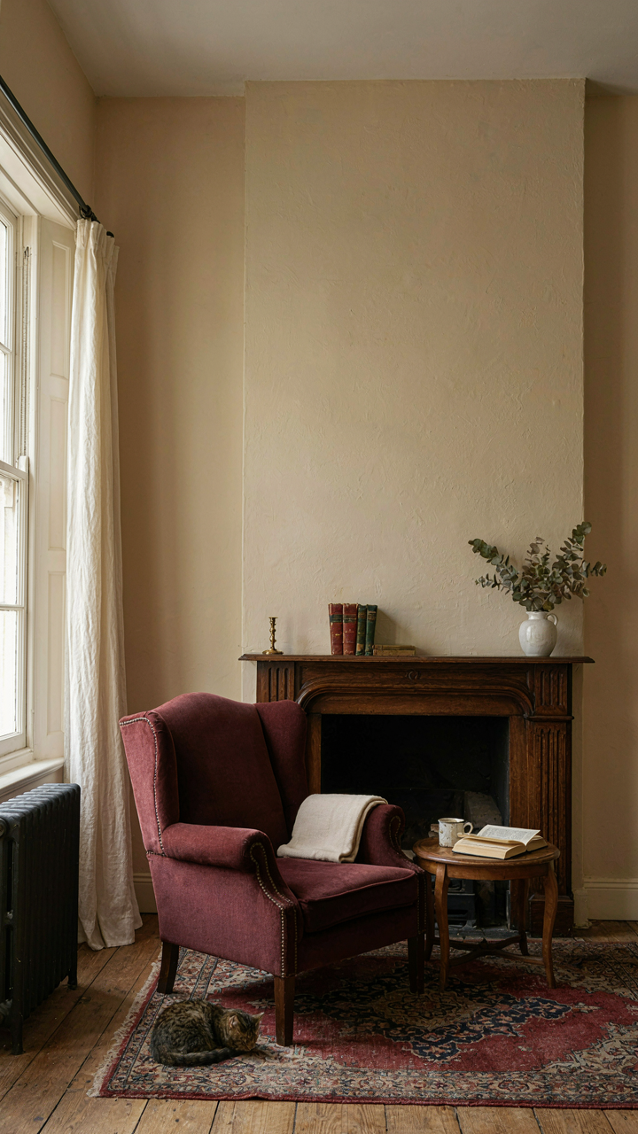 A small Victorian cottage living room with minimal furniture and an empty wall.