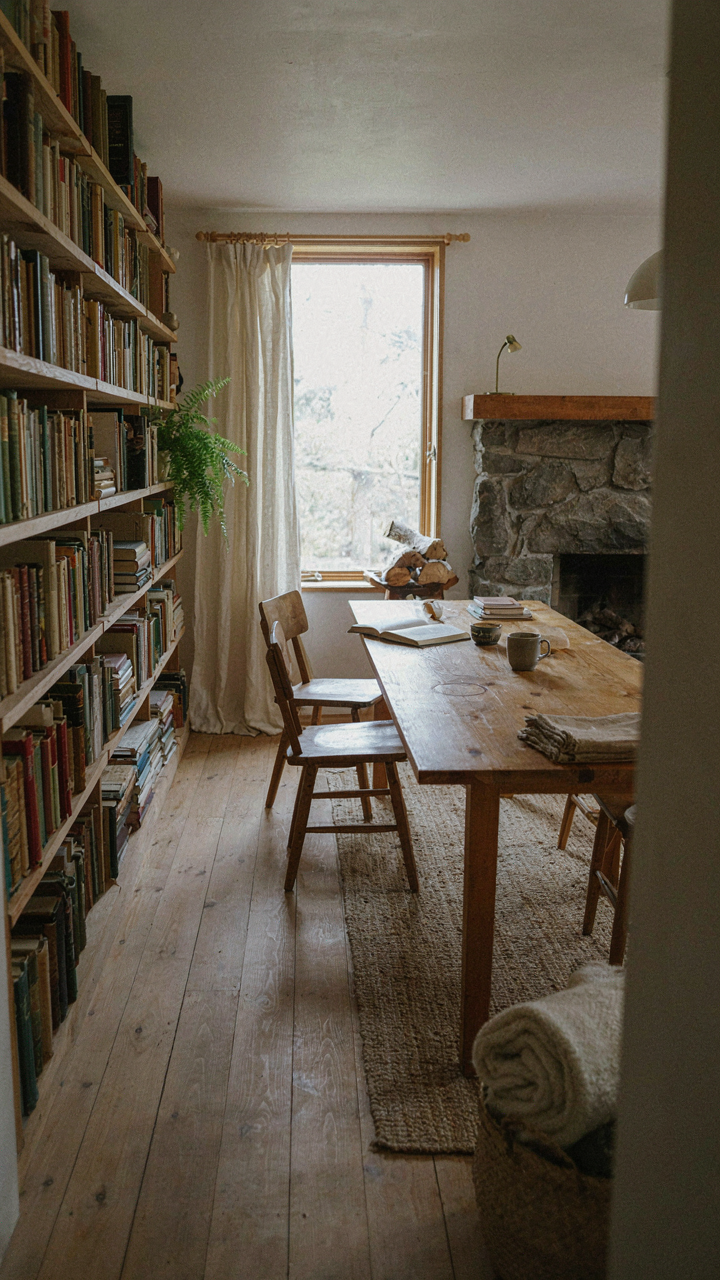 A small log cabin interior with a versatile table and tall bookshelves.
