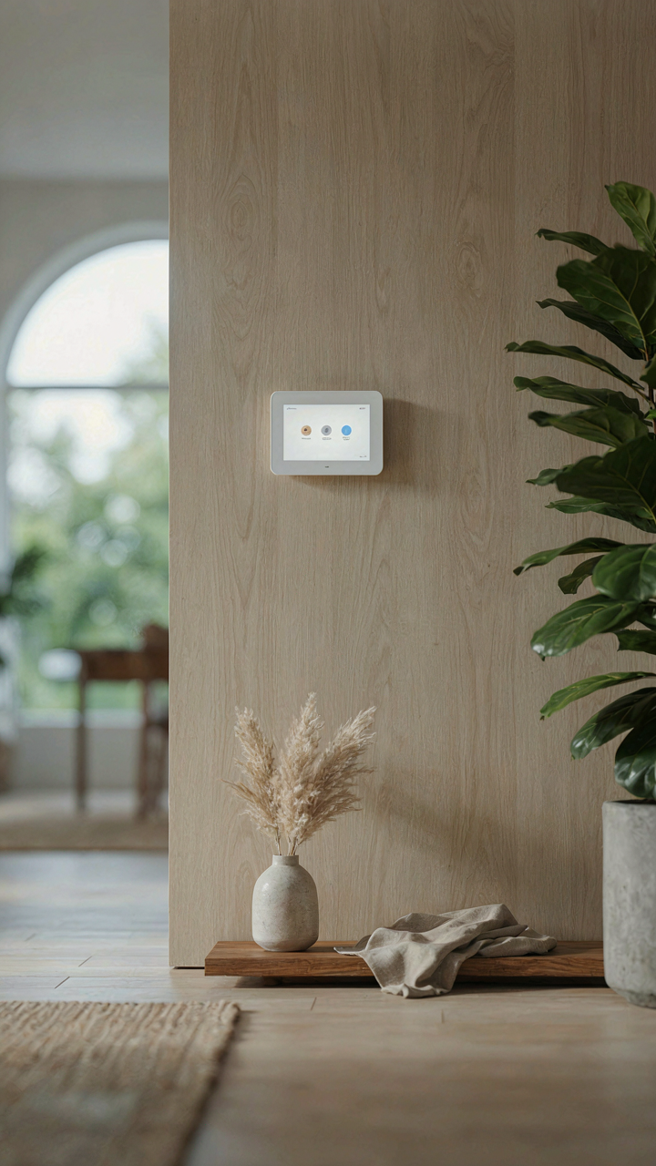 A smart home control panel is built into a wall, managing lights.