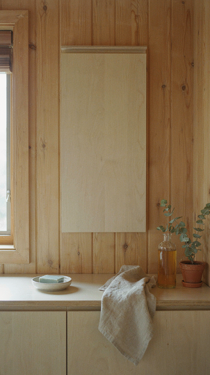 A neat, concealed cabinet with essential items in a tiny cabin bathroom.