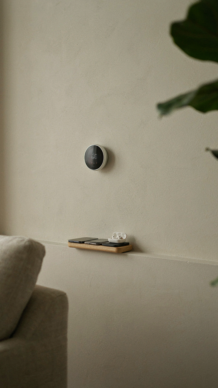 A smart thermostat mounted on a wall next to a consolidated device charging station.
