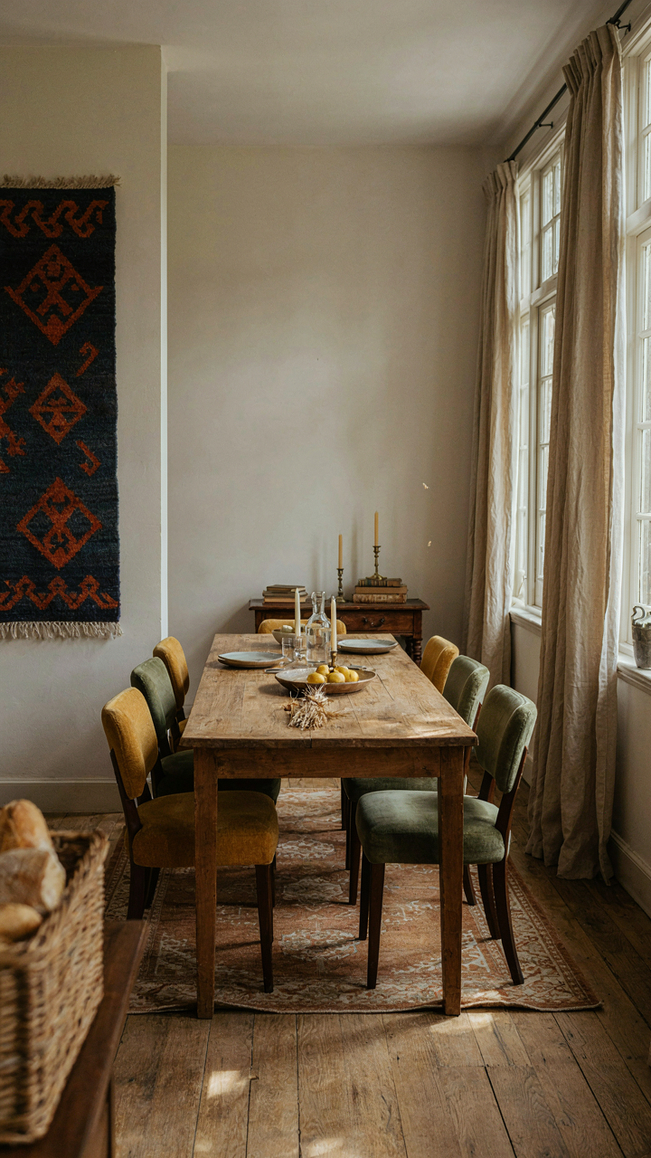 A farmhouse dining room with soft furnishings for acoustic damping.