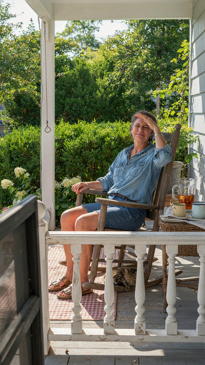 A southern cottage porch with decorative railings gets harsh sunlight due to a shallow overhang.