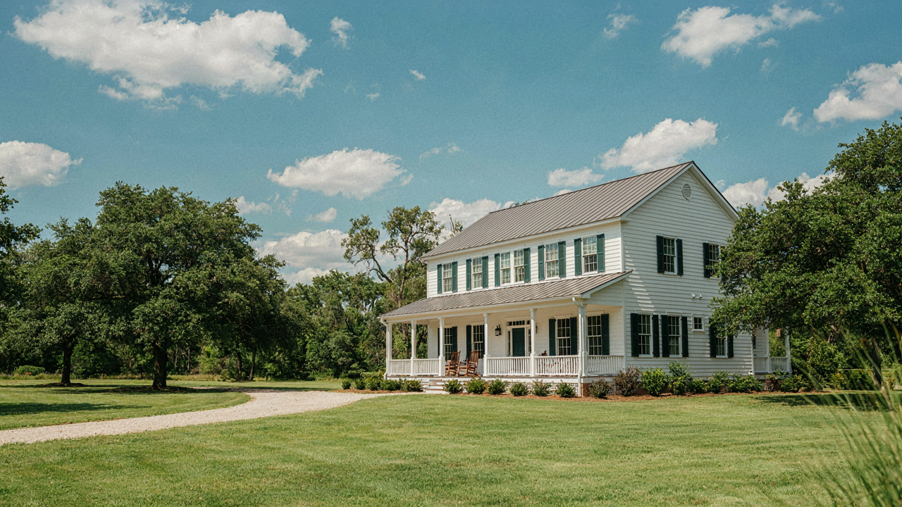 Beautiful southern farmhouse with a large porch and green landscaping.