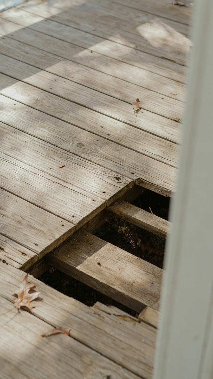 Raised southern farmhouse porch floor with open space underneath for air flow.