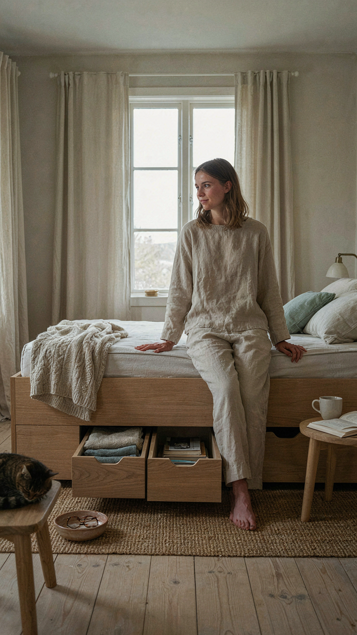 A bed with built-in storage drawers in a small, tidy bedroom.