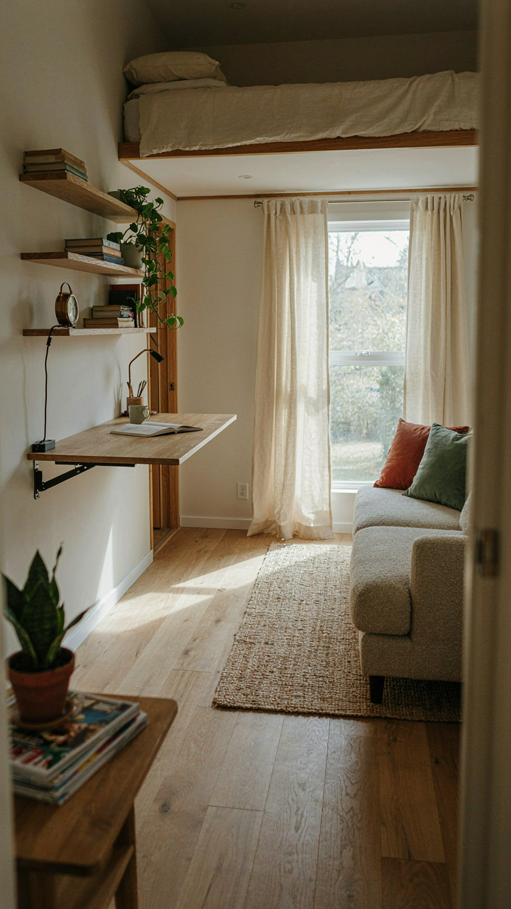 A compact living room with a murphy bed and a fold-down desk.