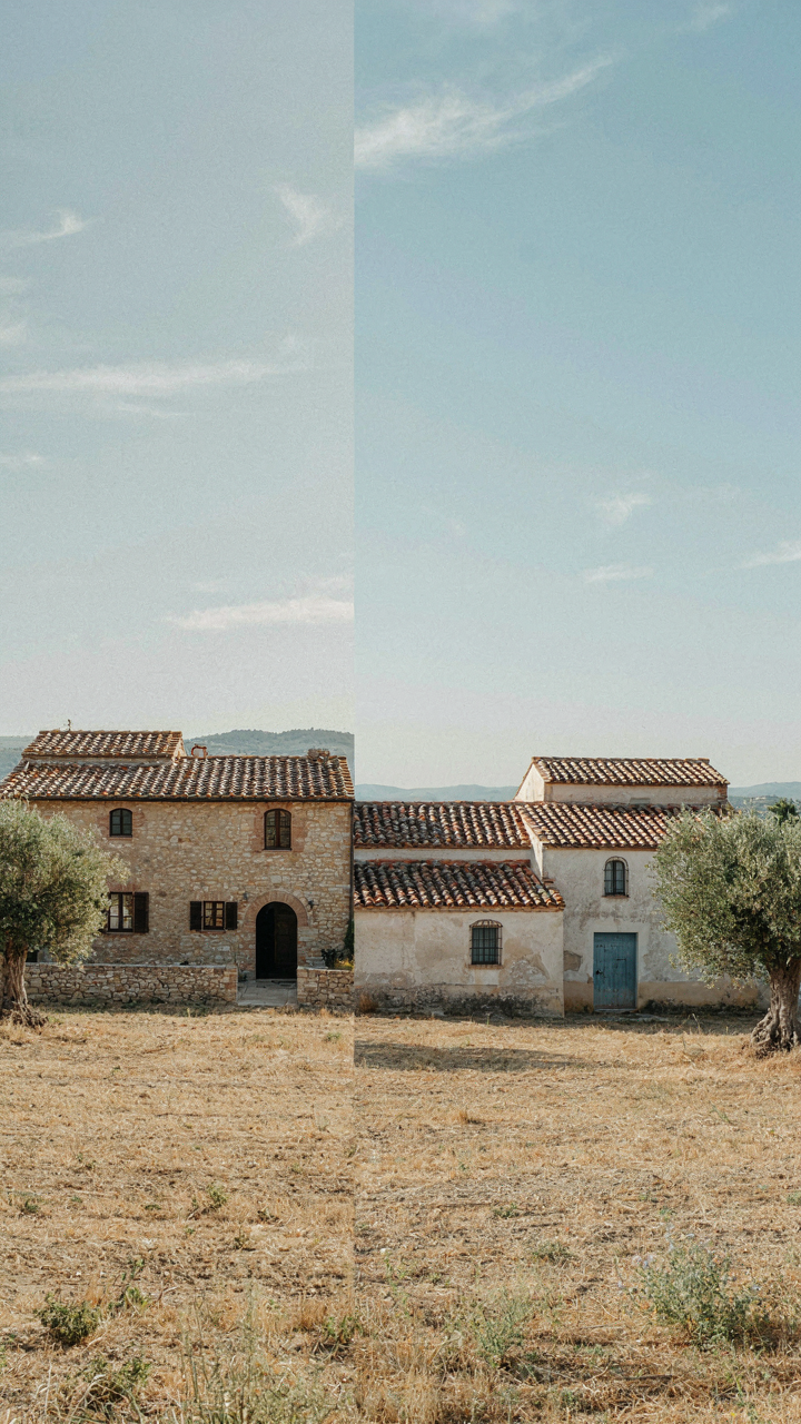 Two farmhouses, Tuscan and Spanish, showing similar stone walls and roofs.