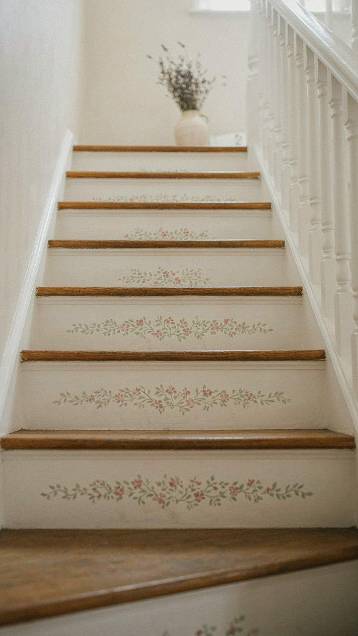 Cottage staircase risers, some white painted, one with a floral stencil.