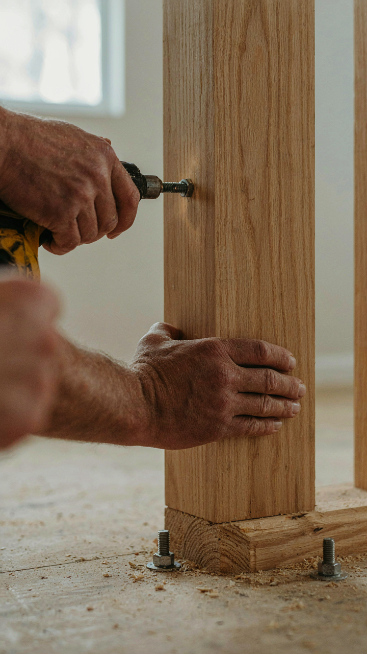 A carpenter's hand tightens a screw into a newel post anchored to a floor joist.