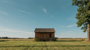 A simple wooden cottage with a rectangular shape on a sunny day, representing starter cottage plans.