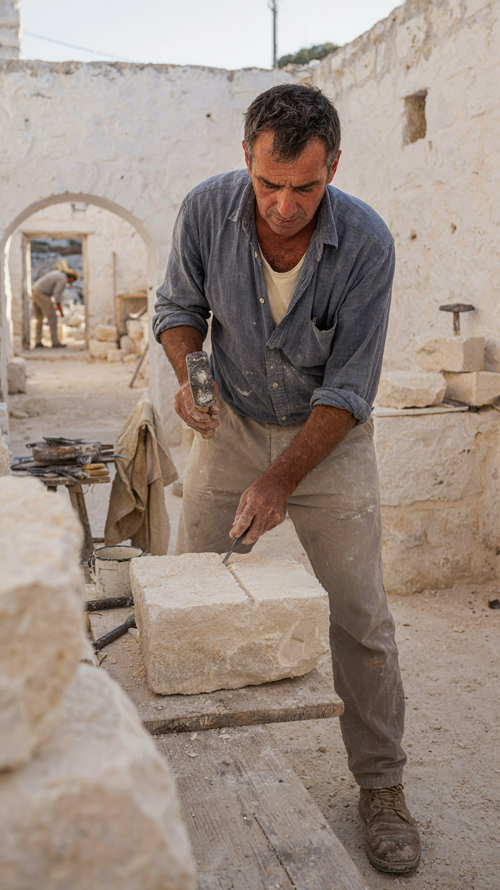 A skilled stonemason meticulously shapes a stone block with traditional hand tools.