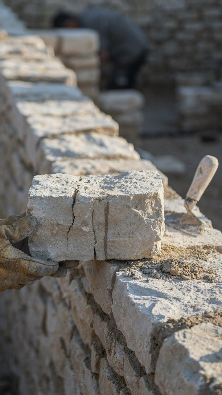 A mason's hands placing a textured limestone block onto a stone wall.