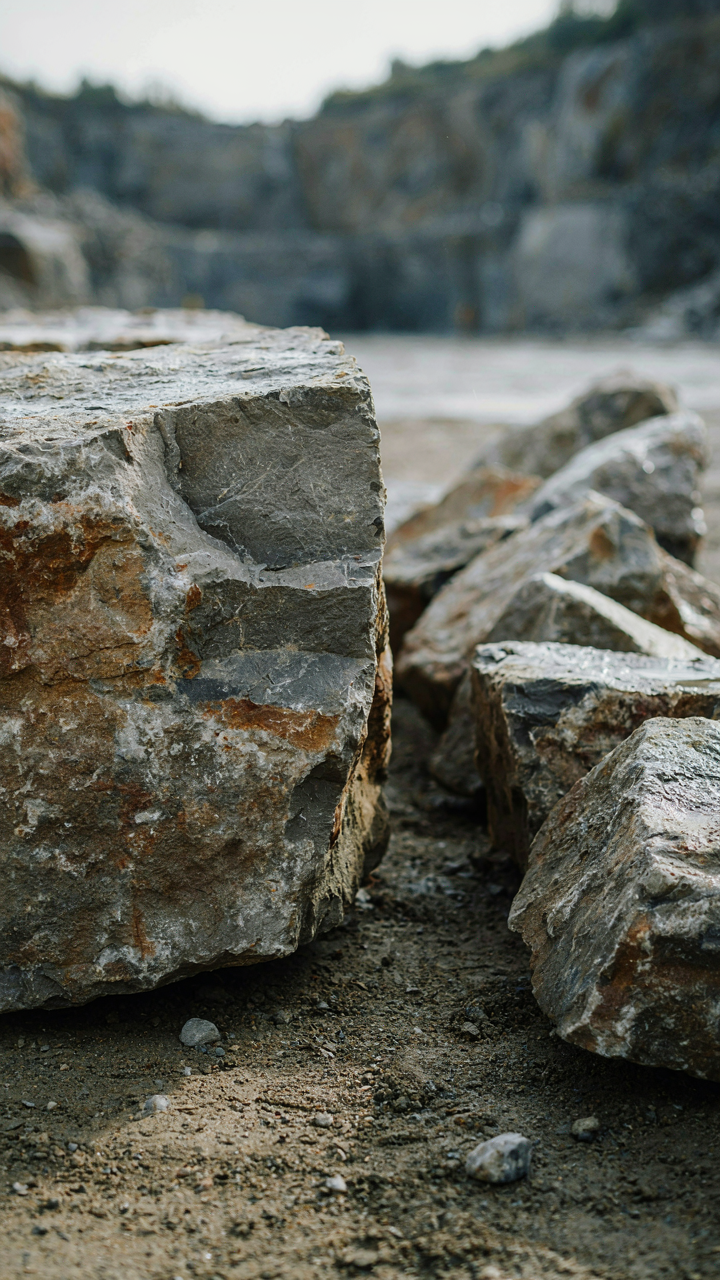 A close-up of rough granite and fieldstone blocks, showing their texture.