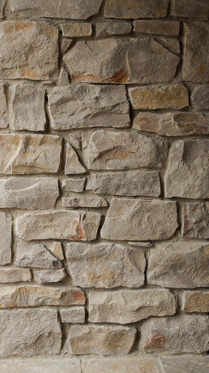 A close-up of a raw stone fireplace surface showing varied textures and colors.