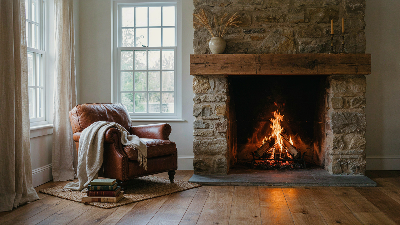 A rustic stone fireplace with a thick wood mantel in a farmhouse living room.