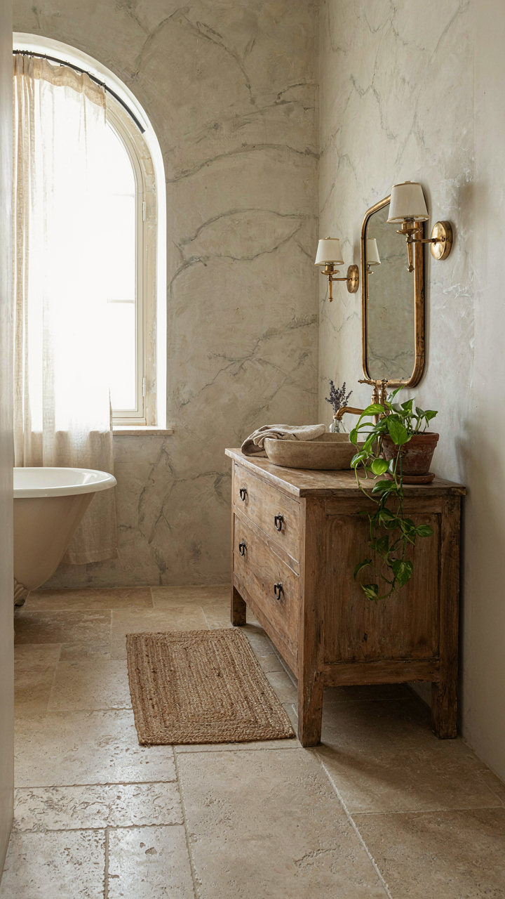 A rustic farmhouse bathroom with limestone floor and tumbled marble walls.