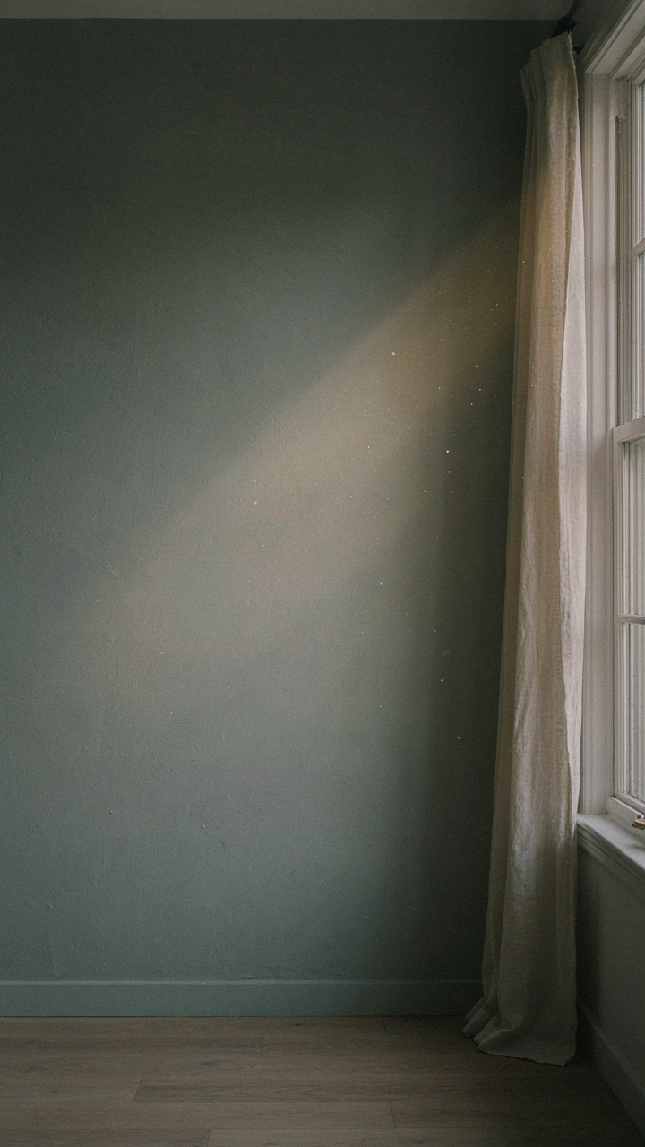 A single wall in a quiet room, painted in a soft, muted sage green.