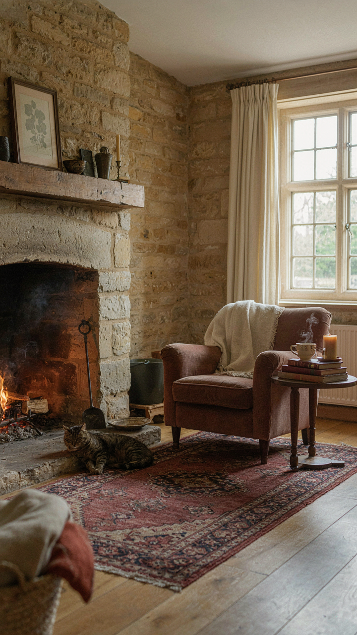 Cozy Cotswold cottage living room with a fireplace and worn armchair.