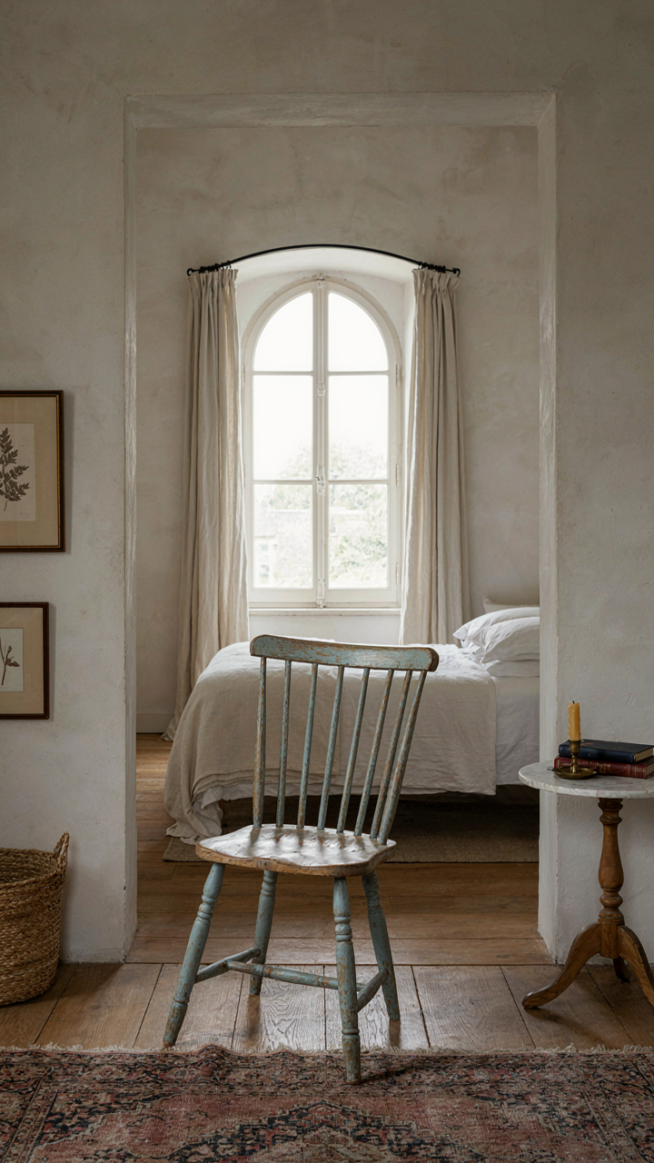 An antique wooden chair with peeling paint placed imperfectly in a bedroom.