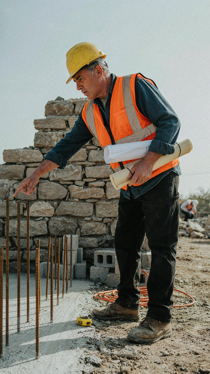 A construction foreman points to a well-built foundation on a construction site.