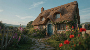 A whimsical storybook cottage with a steep thatched roof and colorful garden flowers.