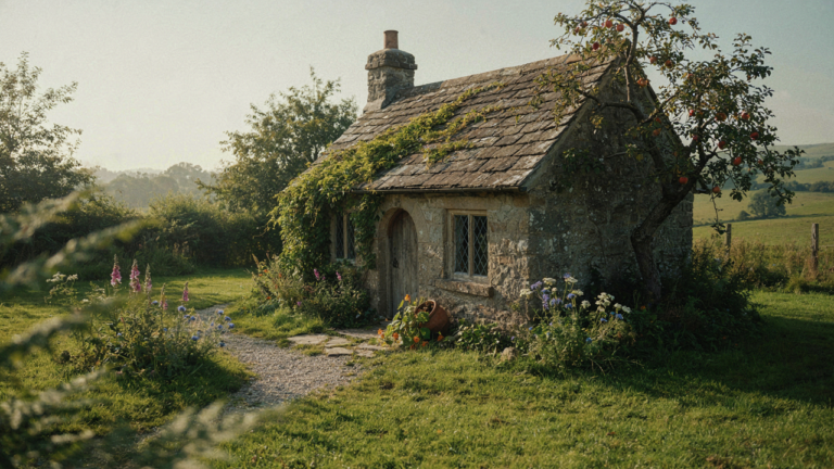 A whimsical storybook cottage with a stone exterior and an arched wooden door.