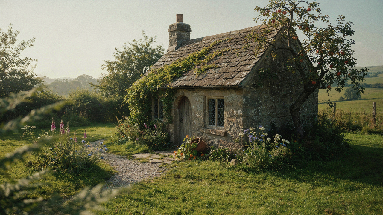 A whimsical storybook cottage with a stone exterior and an arched wooden door.