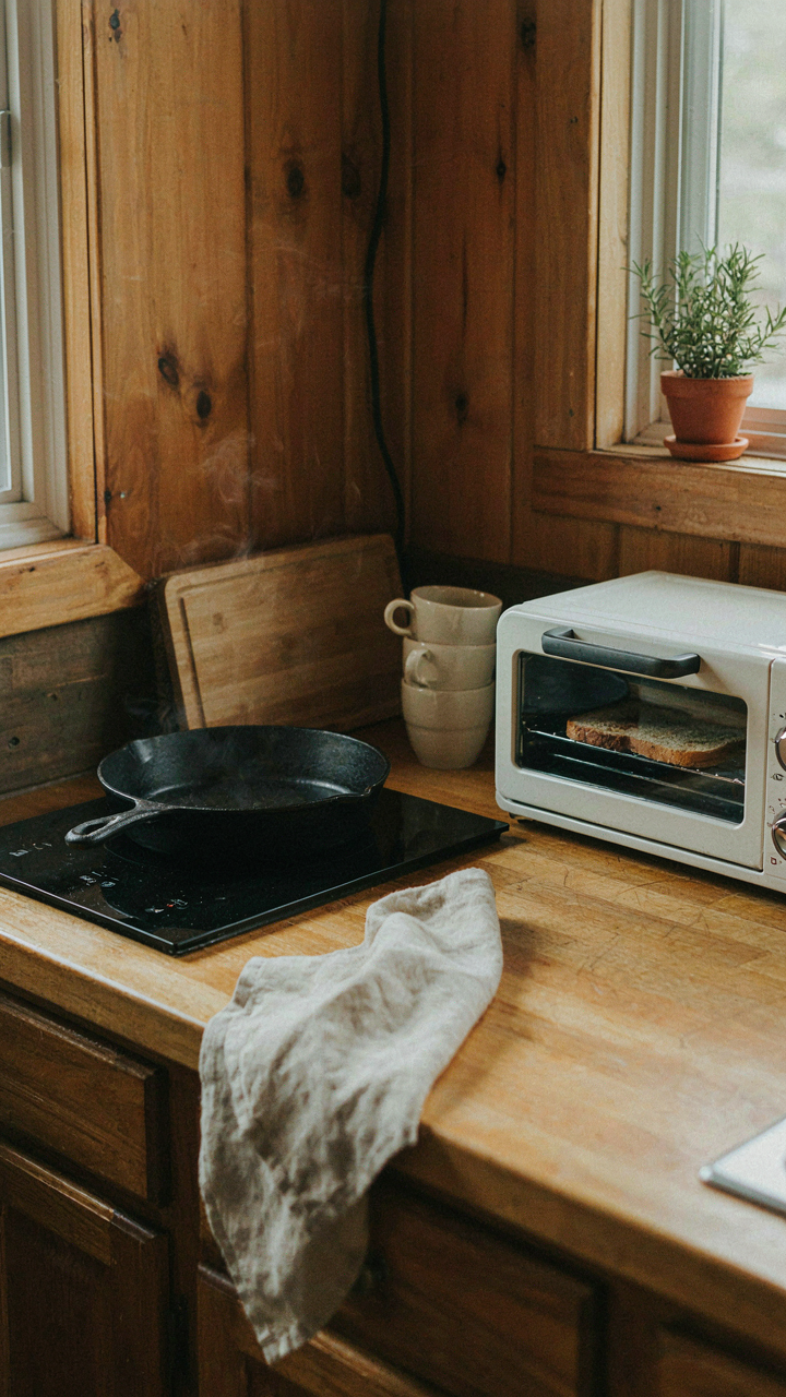 A compact induction cooktop and a toaster oven on a counter.