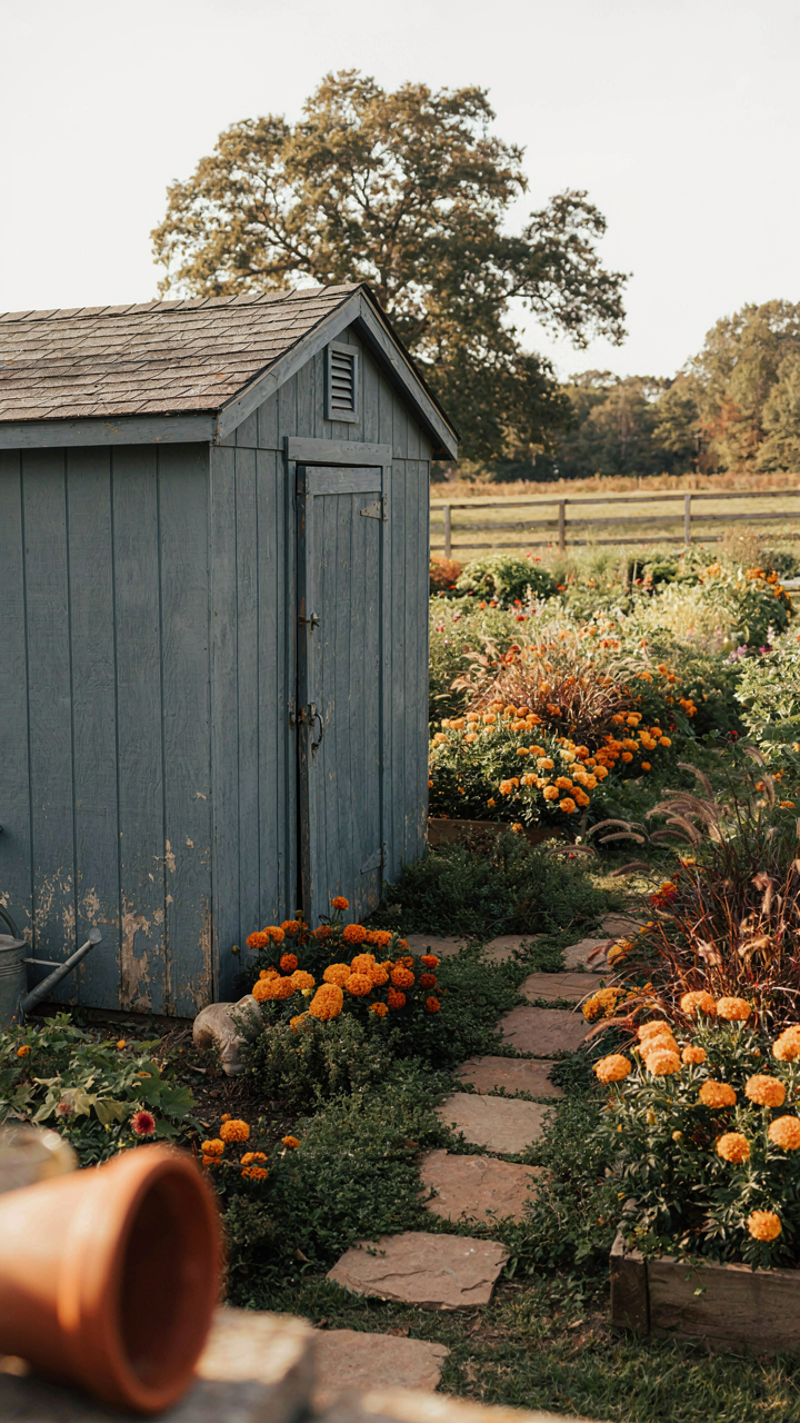 A blue-gray garden shed providing purposeful contrast against warm brown garden beds.