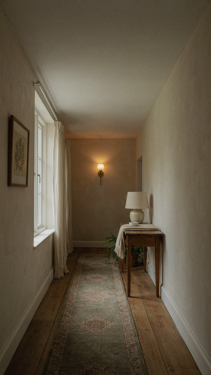 A long cottage hallway with a wall sconce at the end and a lamp mid-hall.