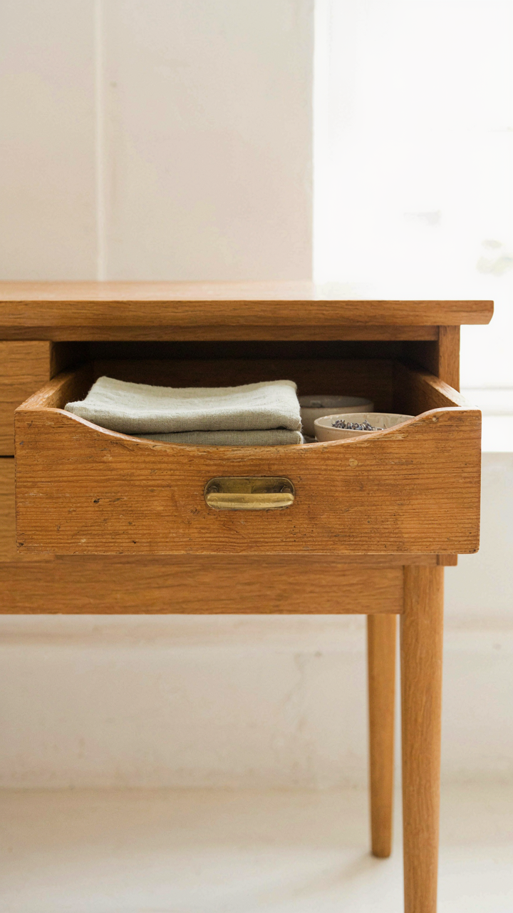 A close up of an old, worn wooden drawer with a simple metal pull handle.