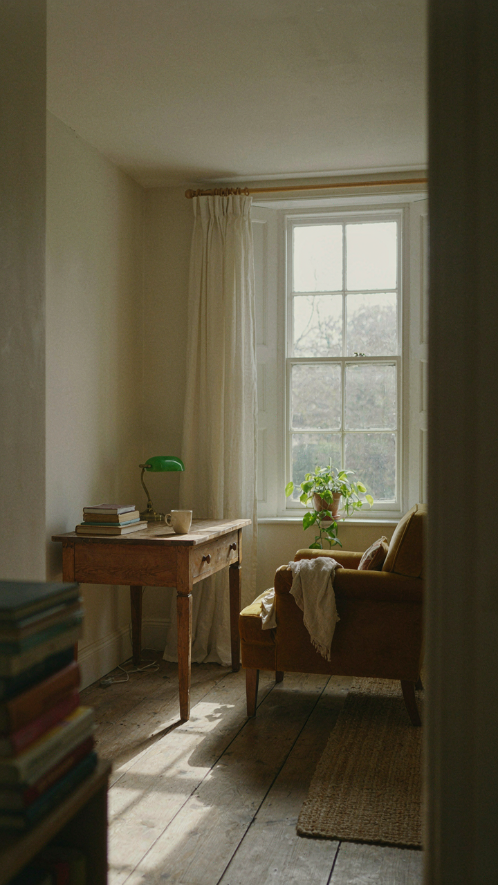 Sunlight warms a desk and armchair by a south-facing bungalow window.