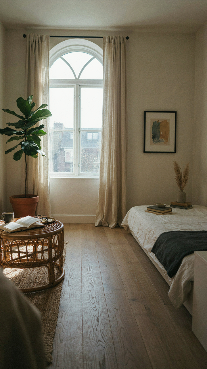 A minimalist and intentional interior of a studio guest house with curated objects.