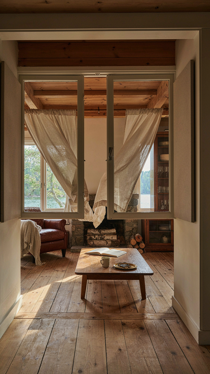 Lake cabin interior with open windows for cross-ventilation and thermal panels.